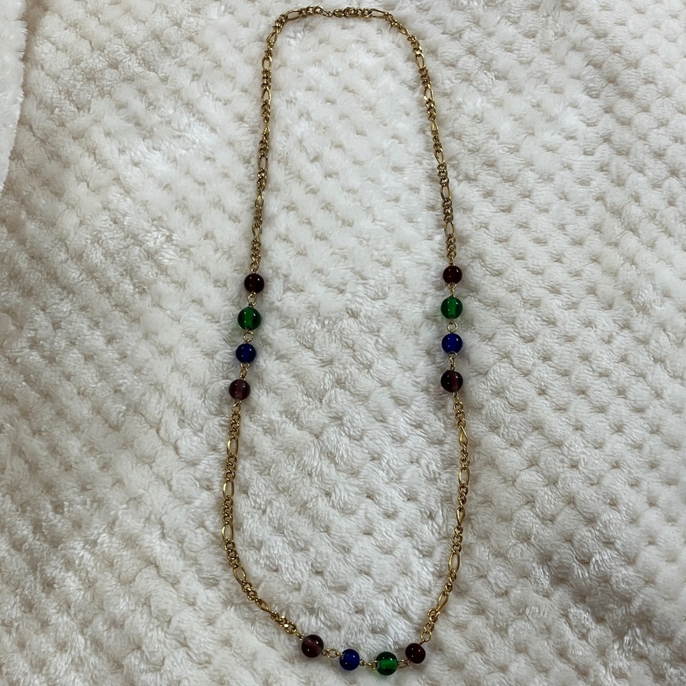 Elegant Long Gold Necklace with Green and Blue Accents